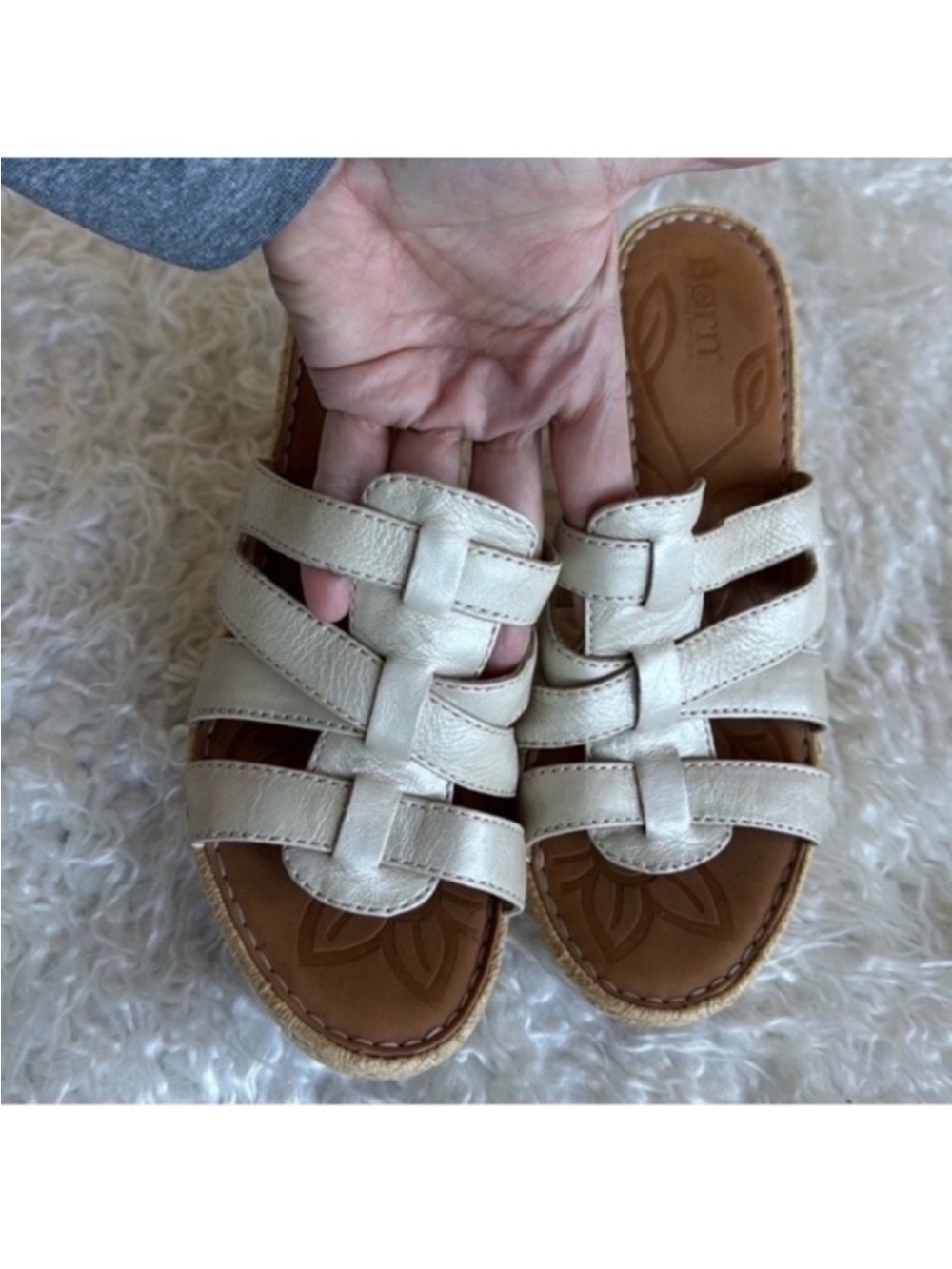Born Tinka Leather Platform Wedge Heel Sandals/Shoes Sz 9 Ivory Tan Straw Jute
